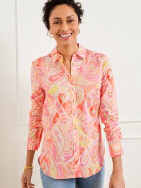 Talbots Modern Classic Button-Down Shirt Coral Paisley Print Career Preppy Sz XL